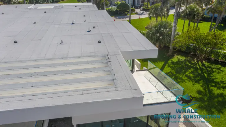 Aerial view of a flat commercial building roof with skylights, pipes, and a glass balcony—great for assessing flat roof replacement cost—surrounded by grass and trees.