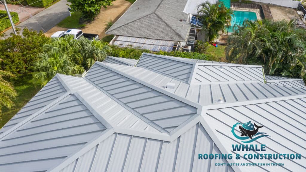 Aerial view of a house with a newly installed gray metal roof, surrounded by trees and neighboring homes. Whale Roofing & Construction logo is visible in the lower right corner, showcasing expert roof replacement services.