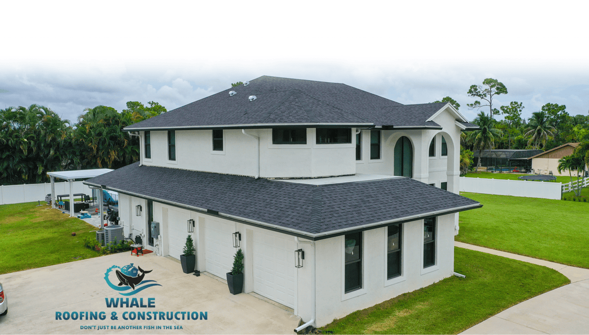 Two-story white house with black shingle roof, attached garage, driveway, and manicured lawn. Logo for Whale Roofing & Construction appears in the bottom left corner.